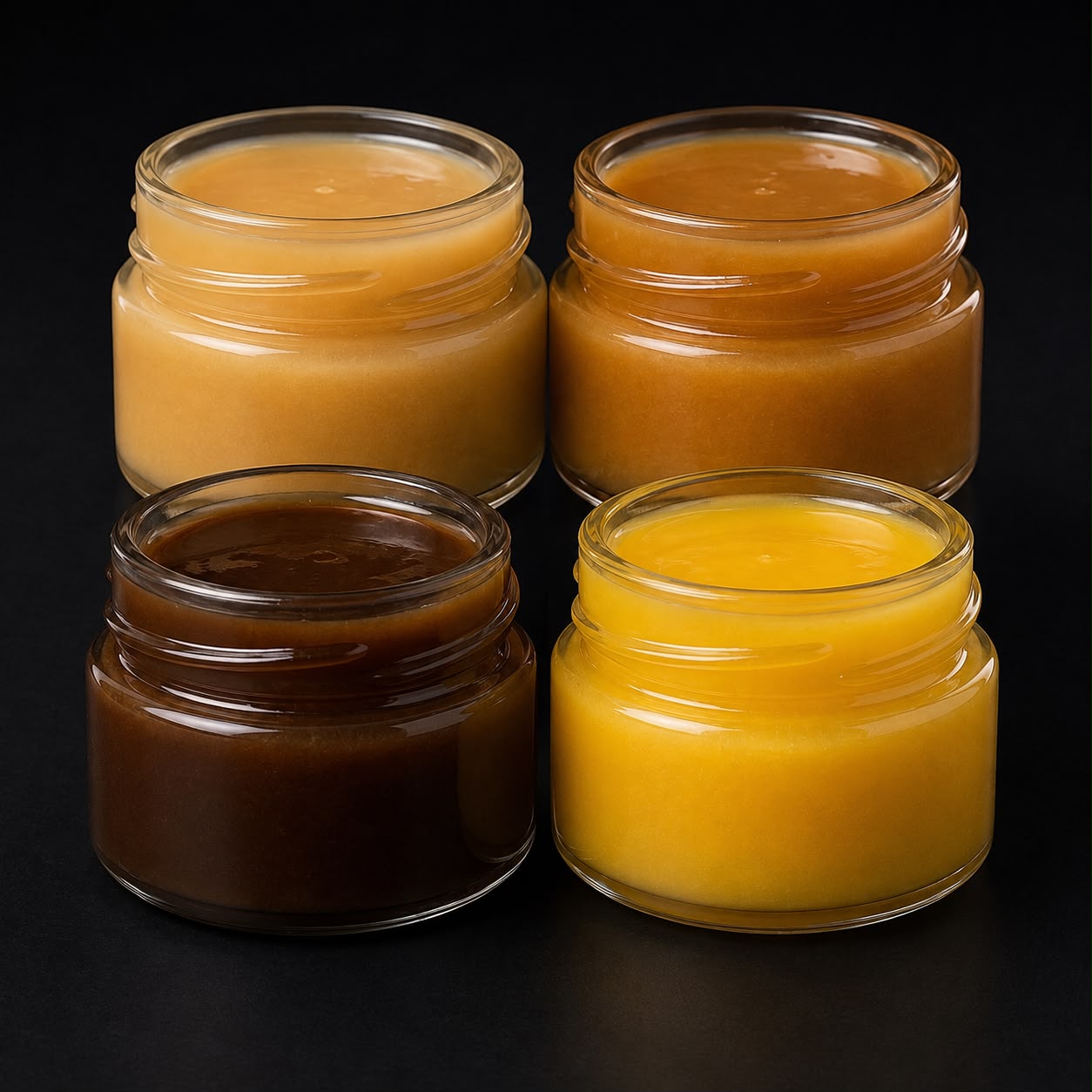 Cuatro tarros de Miel Multifloral de Tenerife, envases artesanales de cristal sobre fondo oscuro — Mieles de Canarias®