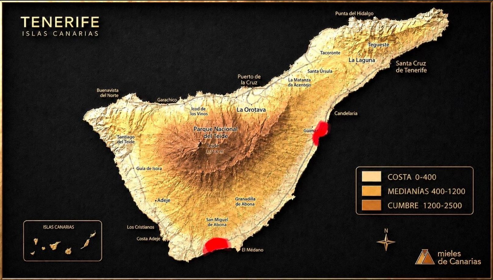 Mapa de Tenerife — zona de producción: Costas meridionales y orientales de Tenerife · El Médano · Abades