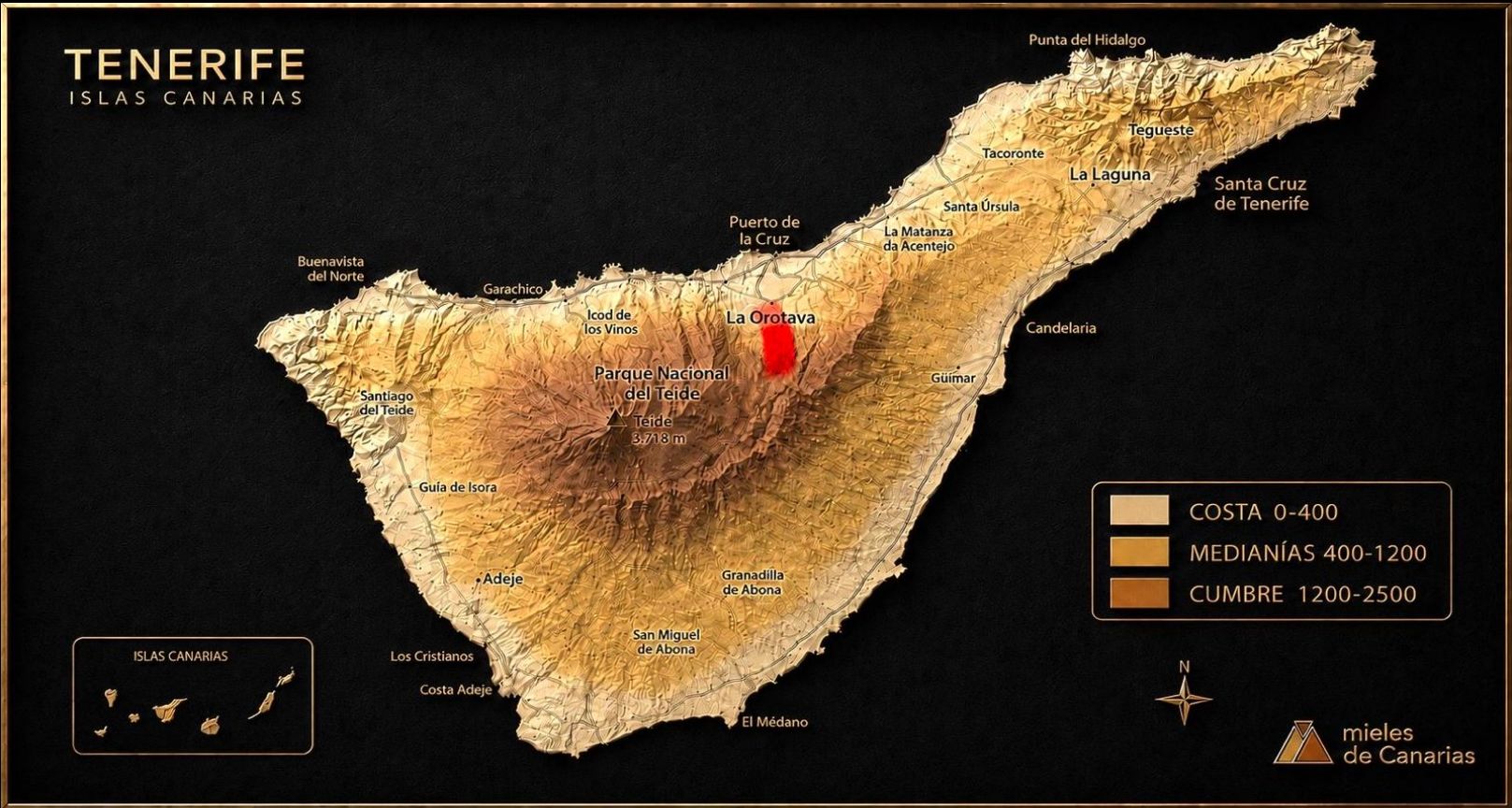 Mapa de Tenerife — zona de producción: La Orotava · laderas norte · montañas volcánicas de Tenerife